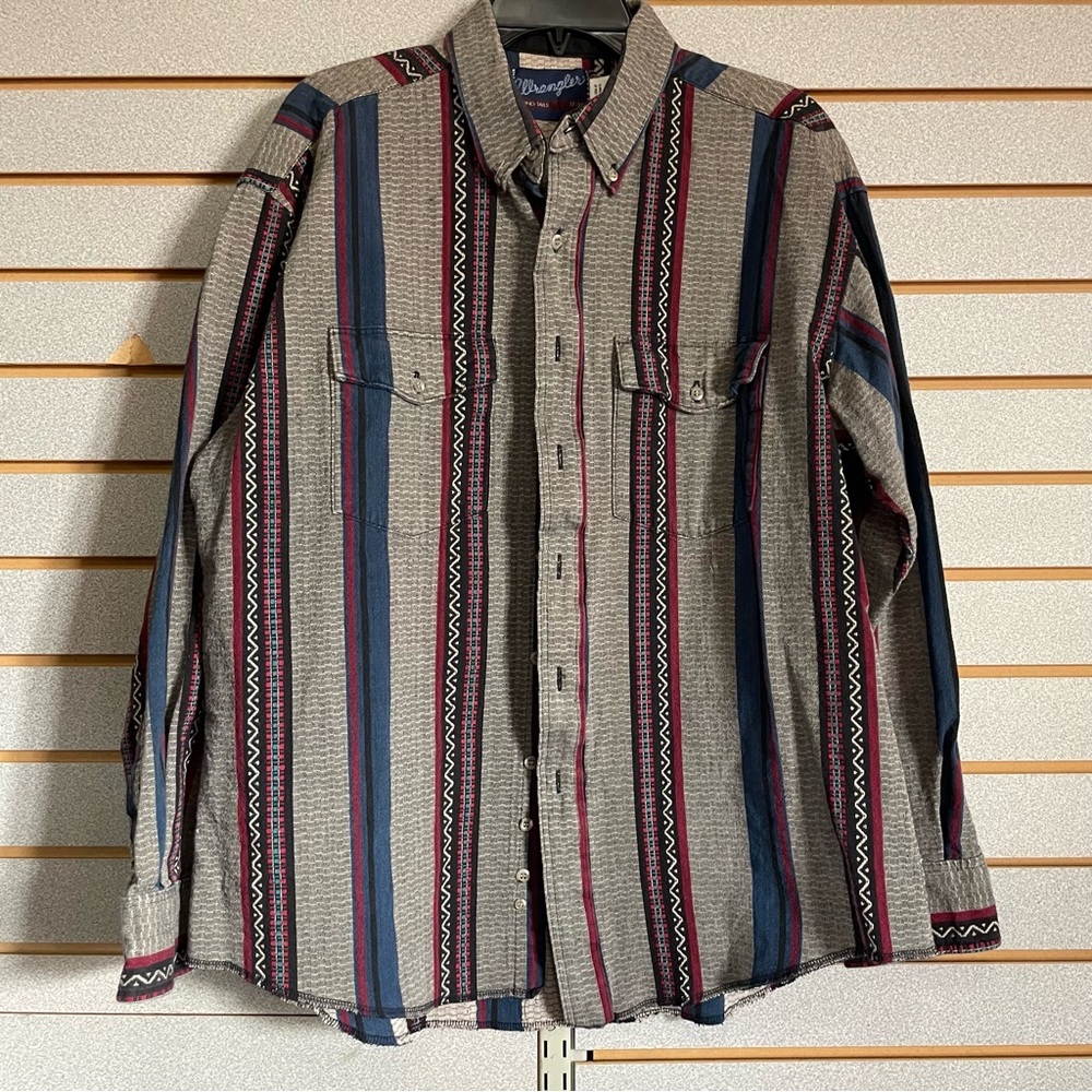 VTG Wrangler Aztec Gray Striped Long‎ Sleeve Button Up Shirt Men’s 17-35 XL EUC